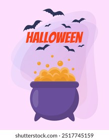 Cauldron with boiling potion for Halloween banner design. Flying bats on abstract background. Celebration, holiday, party concept. Vector illustration for invitation or poster