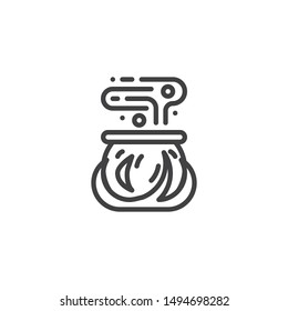 Cauldron with boiling potion line icon. linear style sign for mobile concept and web design. Halloween pot with boiling liquid outline vector icon. Symbol, logo illustration. Vector graphics