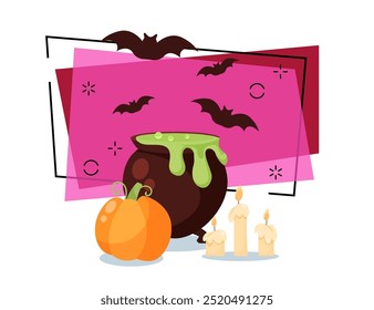 Cauldron with boiling potion, pumpkin and candles vector illustration. Flying bats on background. Halloween banner design. Celebration, party, holiday concept. Can be used for poster or invitation