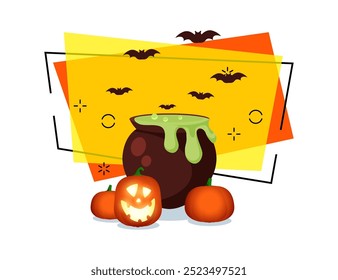 Cauldron with boiling potion and pumpkin lantern vector illustration. Flying bats on background. Halloween banner design. Celebration, magic, holiday concept. Can be used for poster or invitation