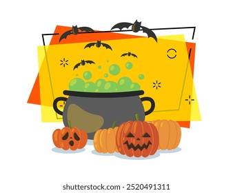 Cauldron with boiling potion and pumpkins vector illustration with flying bats on background. Halloween celebration, magic, holiday concept. Can be used for banner or invitation design