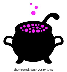 Cauldron of boiling potion. Silhouette. Bubbles of pink color fly upwards. Vector illustration. Isolated white background. Witch brew in a metal pot. Halloween symbol. Decoration for All Saints Day. 