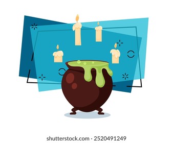 Cauldron with boiling potion vector illustration. Candles on background. Halloween banner design. Celebration, party, holiday concept. Can be used for poster or invitation