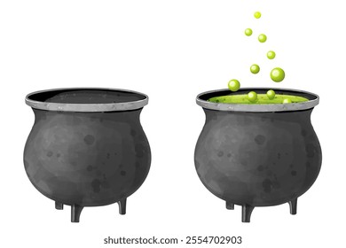 Cauldron with boiling potion. Vector watercolor illustration of tableware