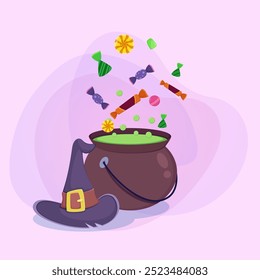 Cauldron with boiling potion, witch hat and sweets on abstract background. Halloween banner design. Celebration, holiday, party concept. Vector illustration for invitation or poster