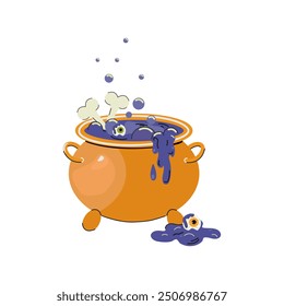 A cauldron of boiling witch's potion, bones and eyes. Isolated on a white background. Vector illustration for Halloween.