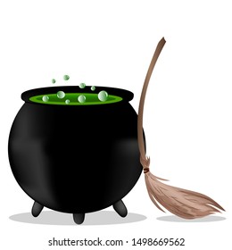 Cauldron and broom for halloween. Vector art