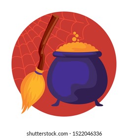 cauldron and broom of halloween, vector illustration