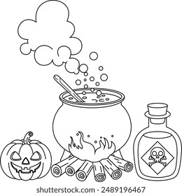 Cauldron bubbling with a magical potion and pumpkin, Halloween Outline Coloring Page