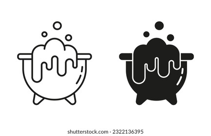 Cauldron with Bubbling Potion Line and Silhouette Black Icon Set. Witches Cauldron Pictogram. Magicians Pot with Brew Symbol Collection. Halloween Decoration. Isolated Vector Illustration.