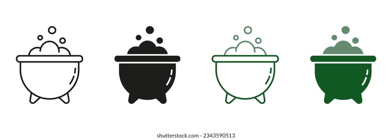 Cauldron with Bubbling Potion Line and Silhouette Icon Set, Halloween Decorations. Witches Cauldron Pictogram. Magicians Pot with Brew Black and Color Symbol Collection. Isolated Vector Illustration.