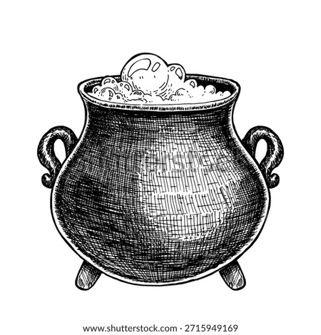 Cauldron with bubbling potion vetor illustation. Hand drawn sketch doodle isolated on white background. Witch caldron holiday engraving style ink drawing. Vintage witchcraft magical brew for Halloween