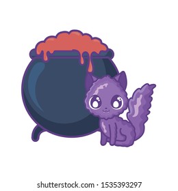 cauldron bubbly of witch with cat on white background vector illustration design