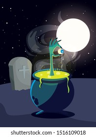 cauldron bubbly of witch in cemetery scene