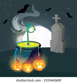 cauldron bubbly of witch in cemetery scene