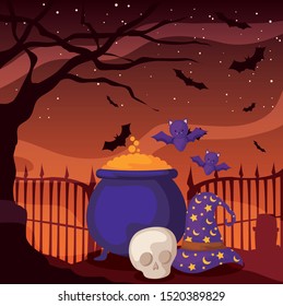 cauldron bubbly of witch on halloween scene