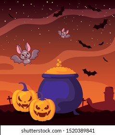 cauldron bubbly of witch on halloween scene