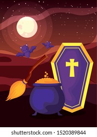 cauldron bubbly of witch on halloween scene