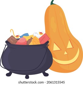 Cauldron with candies and pumpkin lantern semi flat color vector item. Realistic object on white. Halloween decoration isolated modern cartoon style illustration for graphic design and animation