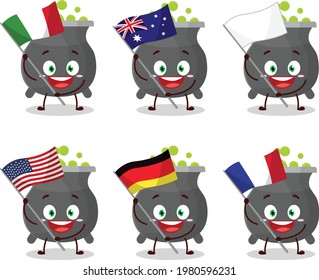Cauldron cartoon character bring the flags of various countries