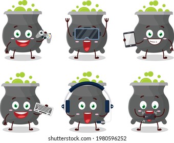 Cauldron cartoon character are playing games with various cute emoticons