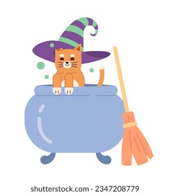 Cauldron cat flat concept vector spot illustration. Animal in halloween costume 2D cartoon character on white for web UI design. Cute kitten with witch hat isolated editable creative hero image