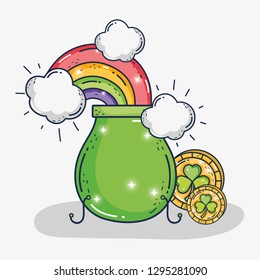 cauldron with clovers coins and rainbow with clouds