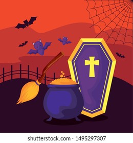 cauldron with coffin in scene halloween