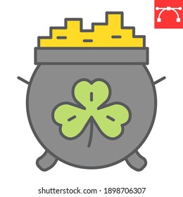 Cauldron with coins color line icon, St. Patricks day and holiday, pot with gold vector icon, vector graphics, editable stroke filled outline sign, eps 10