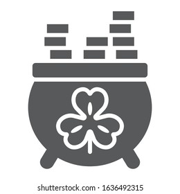 Cauldron with coins glyph icon, st patrick's day and holiday, cauldron full of gold sign, vector graphics, a solid pattern on a white background, eps 10