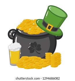 cauldron coins hat beer happy st patricks day vector illustration