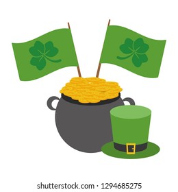 cauldron coins hat and flags clover happy st patricks day vector illustration