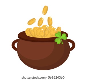 Cauldron with coins, icon flat style. St. Patrick's Day symbol. Isolated on white background. Vector illustration