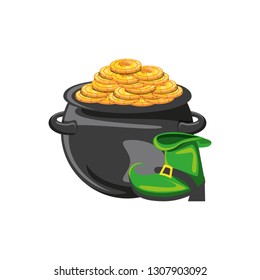 cauldron with coins and leprechaun boot