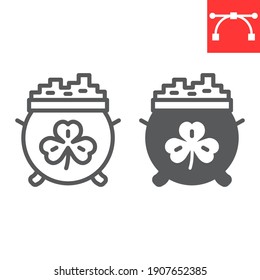 Cauldron with coins line and glyph icon, St. Patricks day and holiday, pot with gold vector icon, vector graphics, editable stroke outline sign, eps 10