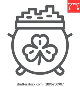 Cauldron with coins line icon, St. Patricks day and holiday, pot with gold vector icon, vector graphics, editable stroke outline sign, eps 10