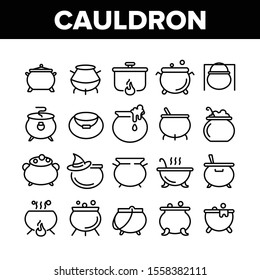 Cauldron Collection Elements Icons Set Vector Thin Line. Cauldron On Flame Campfire And With Bubbles, With Foam And Witch Hat Concept Linear Pictograms. Monochrome Contour Illustrations