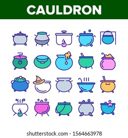 Cauldron Collection Elements Icons Set Vector Thin Line. Cauldron On Flame Campfire And With Bubbles, With Foam And Witch Hat Concept Linear Pictograms. Color Illustrations