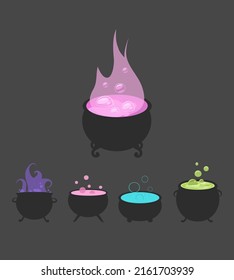 Cauldron collection. Witches Potion set. Design element for halloween concept. Magic broth, 
potions icon. Vector illustration