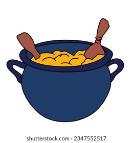 Cauldron colored outline. Hand drawn cauldron in doodle style isolated on white background. Halloween icon decor. Vector illustraiton.