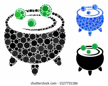 Cauldron composition of filled circles in variable sizes and color tinges, based on cauldron icon. Vector random circles are grouped into blue composition.