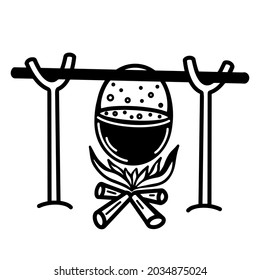 A cauldron with cooking food hangs over the fire. The hand-drawn can is suspended from wooden pegs. Burning logs heat the vat of food. Tourist food sketch. Monochrome illustration of camping cooking.