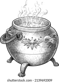 Cauldron engraving hand drawn illustration