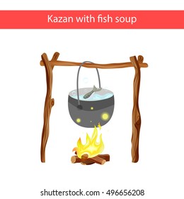 Cauldron with fish soup over the fire. Vector kettle of soup over a fire isolated on a white background. Cauldron with soup. 