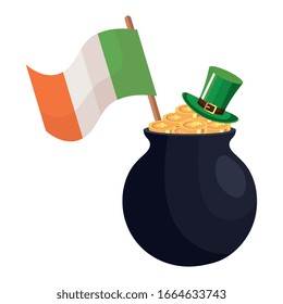 cauldron with flag irish and top hat leprechaun vector illustration designicon