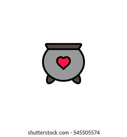 Cauldron flat line icon. Love potion in the cauldron
