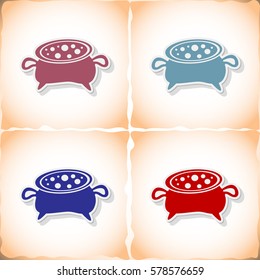 Cauldron. Flat sticker with shadow on old paper. Vector illustration