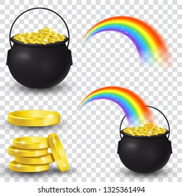 Cauldron full of gold coins and rainbow 