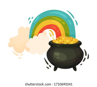 Cauldron Full with Golden Coins and Rainbow Beside It as Feast of Saint Patrick Symbol Vector Illustration