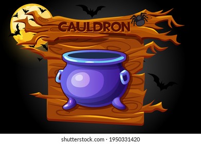 Cauldron game icon, halloween wooden banner and scary night.